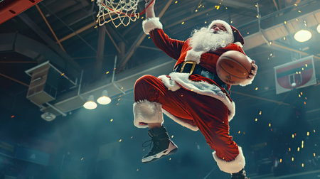 Santa Claus is playing basketball on the basketball court. Christmas and New Year concept.の素材