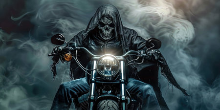 Scary monster rider in a black cloak rides a motorcycle on a dark backgroundの素材