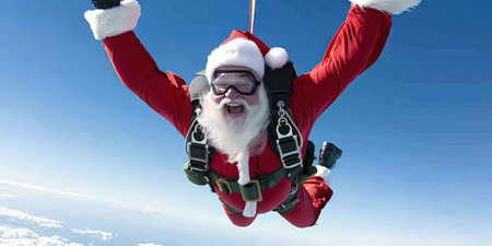 Santa Claus in a red suit and glasses is flying in the sky.の素材