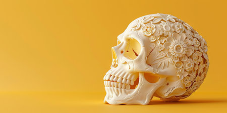 White sugar skull on yellow background. Halloween concept. Copy space.の素材