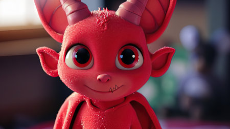Cute red devil doll in the room. 3d rendering.の素材