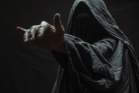 Hooded man with black cloth on dark background, closeupの素材