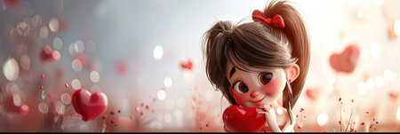 Valentine's day greeting card. Little girl with red heart on bokeh background.の素材