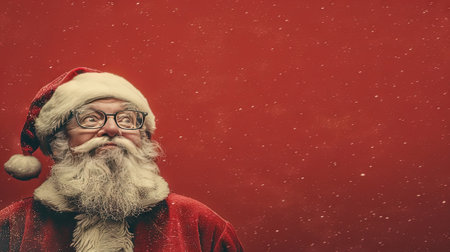Portrait of santa claus on red background with snowfallの素材