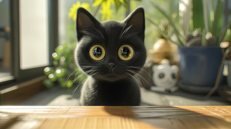 Cute black cat with yellow eyes sitting at table in living roomの素材