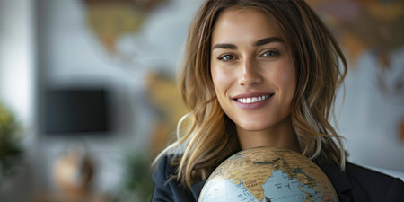 Portrait of smiling businesswoman holding globe and looking at camera.の素材
