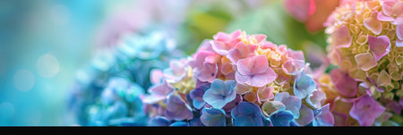 Colorful hydrangea flowers on blue bokeh backgroundの素材
