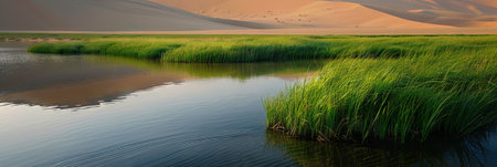 Panoramic view of sand dunes and grass in the desertの素材