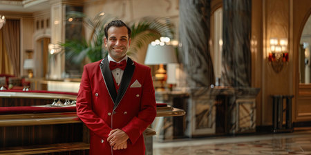 Portrait of a man in a red suit with a tray in hotel lobbyの素材