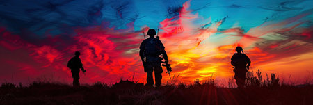 Silhouette of a soldier with a gun on a sunset backgroundの素材