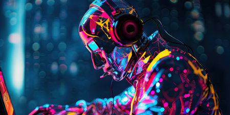 Cyborg cyberpunk robot cyborg in neon light. 3d renderingの素材