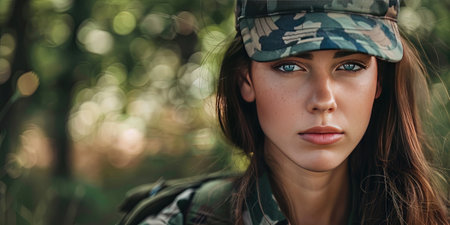 Portrait of a beautiful young girl in a military cap on the background of the forest.の素材