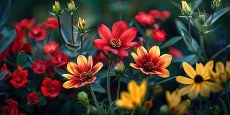 Bright red and yellow flowers in the garden. Natural floral background.の素材