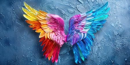 Colorful angel wings on color textured background, close up viewの素材