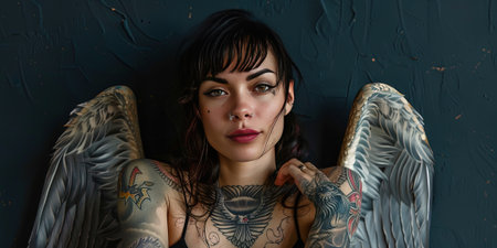 Close-up portrait of a beautiful young woman with tattoos on her arms and chestの素材