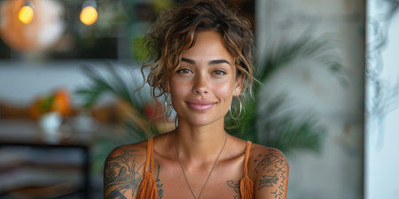 Portrait of a beautiful young woman with tattoos on her arms looking at the cameraの素材