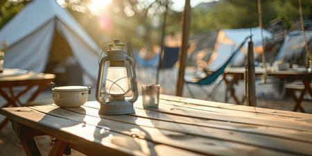 Camping in the mountains. Camping tent and lantern on the table.の素材