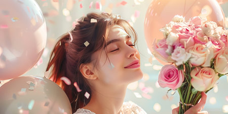 Beautiful young woman with bouquet of flowers and balloons at birthday partyの素材