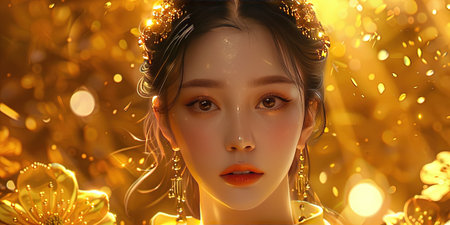 3d illustration of a beautiful asian woman with golden make-upの素材