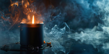 Burning candle on a black background with smoke, close-upの素材