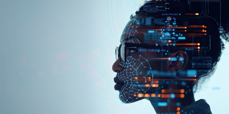 Future technology. Side view of young African-American woman in eyeglasses touching virtual interface while standing against blue backgroundの素材