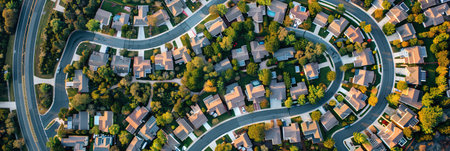 Aerial view of a suburban neighborhood in the middle of a residential areaの素材
