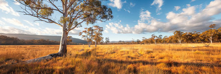 Eucalyptus trees and dry grass in the Australian outbackの素材
