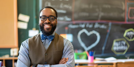 happy african american teacher in eyeglasses standing in classroomの素材