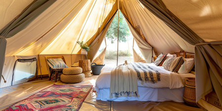 Interior of a tent in the countryside, with a wooden bedside tableの素材