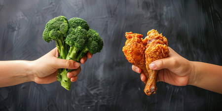 Two hands holding chicken drumsticks and broccoli on a dark background.の素材