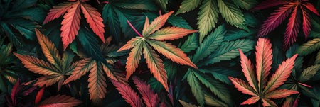 Cannabis leaf background. Top view, flat lay. Banner.の素材