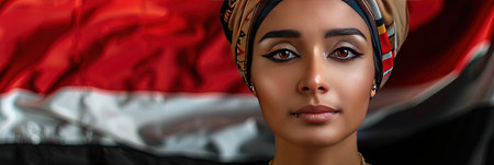 Portrait of a beautiful woman in a headscarf on a background of the flag of Indonesiaの素材