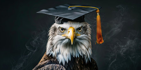 Eagle wearing a graduation cap and smoke coming out of it.の素材