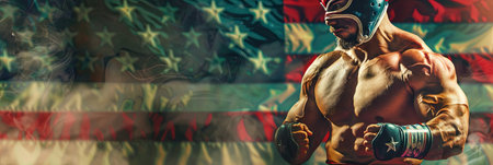 Portrait of a strong male boxer in boxing gloves on a background of the American flag.の素材