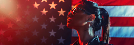 Portrait of a beautiful young woman in sunglasses on the background of the American flag.の素材