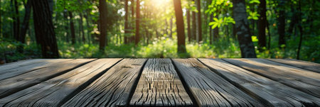 Empty wooden table background in forest. Ready for product display montageの素材