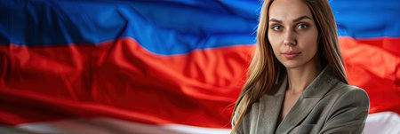 Portrait of a beautiful young woman on the background of the Russian flagの素材