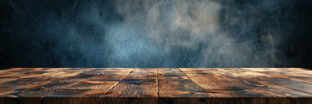 Empty wooden table for product display montages with smoke on background.の素材