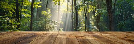 Wooden floor in green forest with sunbeams shining through treesの素材