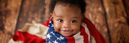 happy african american baby wrapped in american flag on wooden backgroundの素材