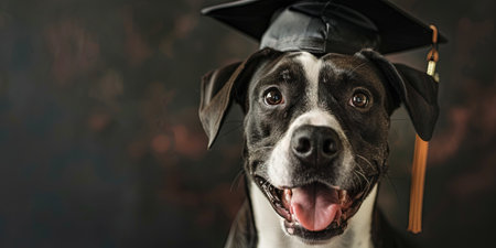 Portrait of a black and white american staffordshire terrier in a graduation cap.の素材