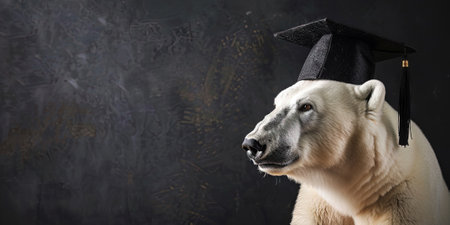 Portrait of a polar bear with graduation cap on dark background.の素材