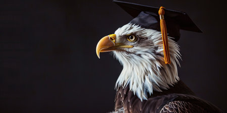 Bald Eagle wearing a graduation cap on a black background with copy spaceの素材