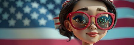 3d rendering of a woman wearing sunglasses on the background of the American flagの素材