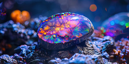 multicolored crystals on a black background with bokeh effectの素材