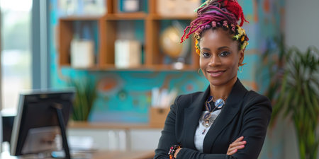 Portrait of young african american businesswoman standing in officeの素材