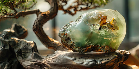 Close up of a chalcedony gemstone on a piece of woodの素材