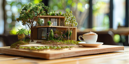 Miniature model of house and coffee cup on wooden table in coffee shopの素材
