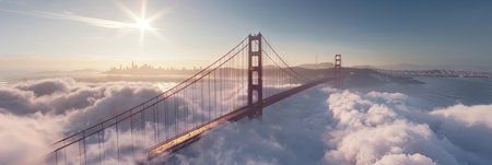 Panorama of Golden Gate Bridge in San Francisco at sunrise, USAの素材
