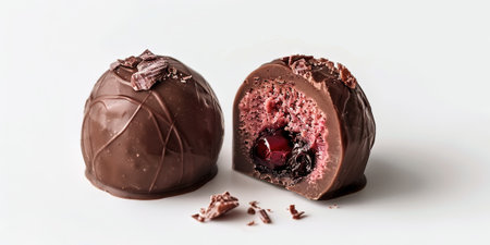 chocolate truffles with cherries on a white background.の素材